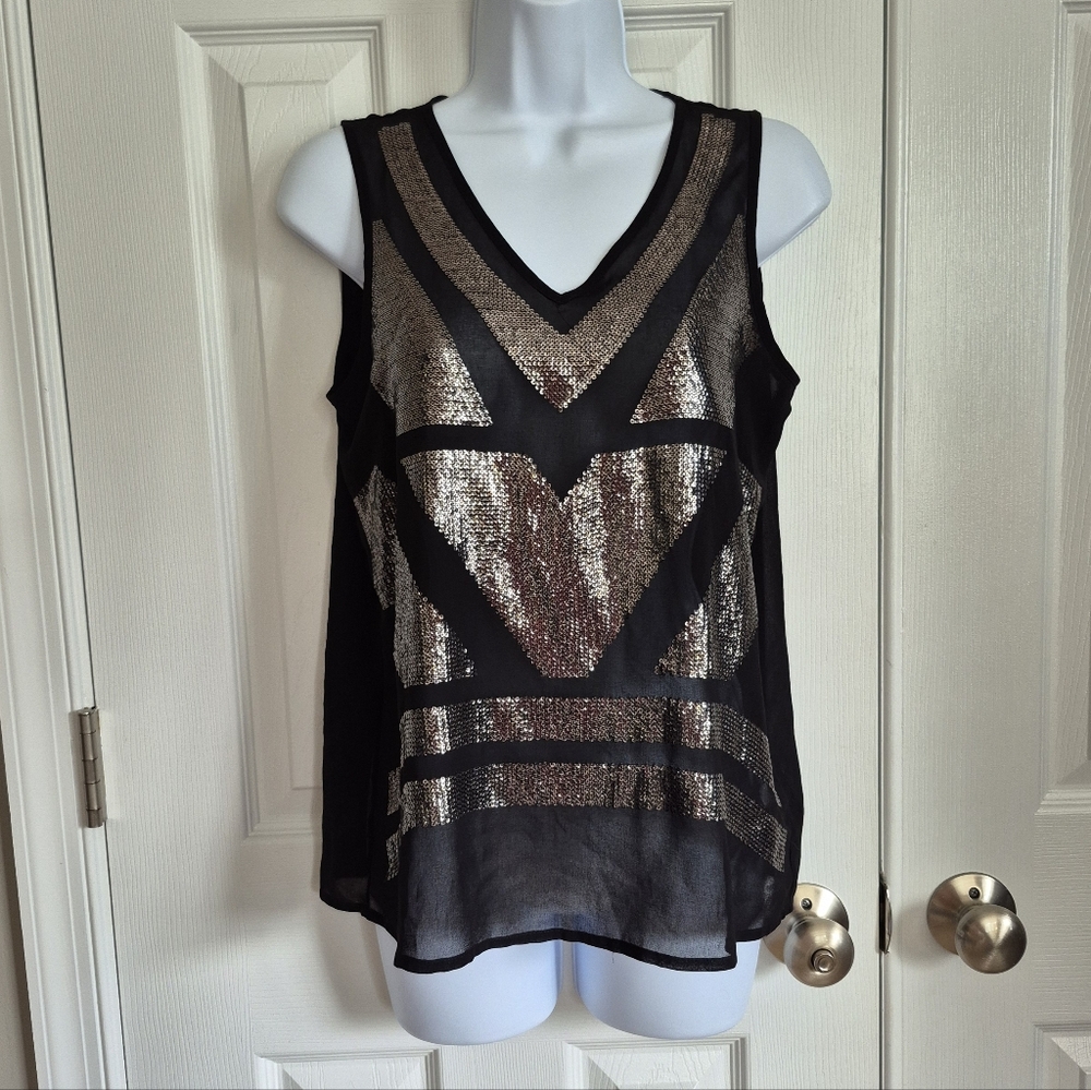 Saks Fifth Avenue‎ Sheer Black Gold Sequin Geometric Sleeveless Top Womens XS